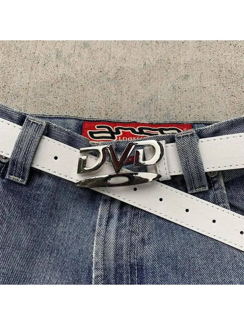 Y2K DVD Buckle White Leather Belt 39 Inch Unisex